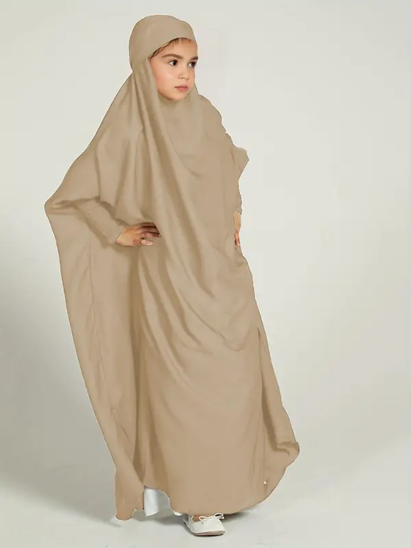Girl's Solid Batwing Sleeve Tie Back Hoodie Abaya Dress, Modest Outfits, Casual Long Sleeve Elastic Cuff Loose Dress for Kids, Kids Clothing for Summer, Muslim Clothes for Girls, Kids Fancy Dress, Girl Clothes 7