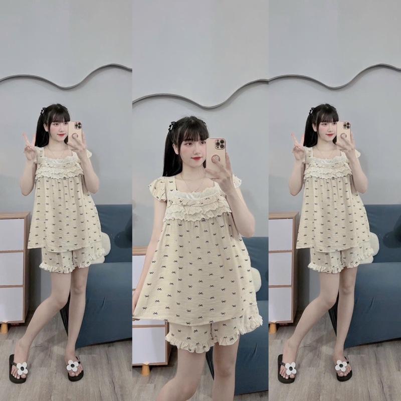 BỘ BẦU ĐÙI ĐŨI HÀN IN NƠ CỔ VUÔNG REN-CỔ BO CHUN -4 màu, quần có chun chỉnh 4