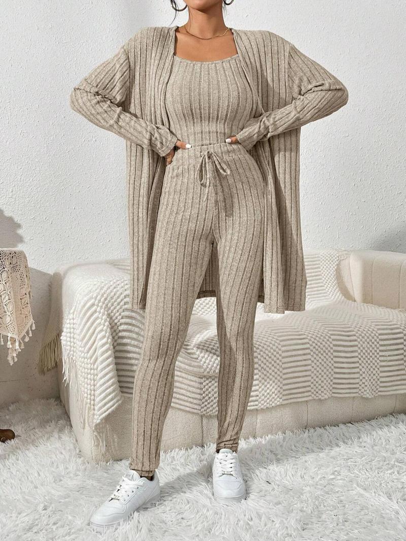 Product Introduction of 【Plus Size】 Three-Piece Set Solid Color Set, Casual Fashion Drop Shoulder Open Front Outerwear & Drawstring Waist Pants & Tank Top Set for Daily Outdoor Wear, Co-ord Sets, Women's Lounge Clothing for Fall & Winter 5
