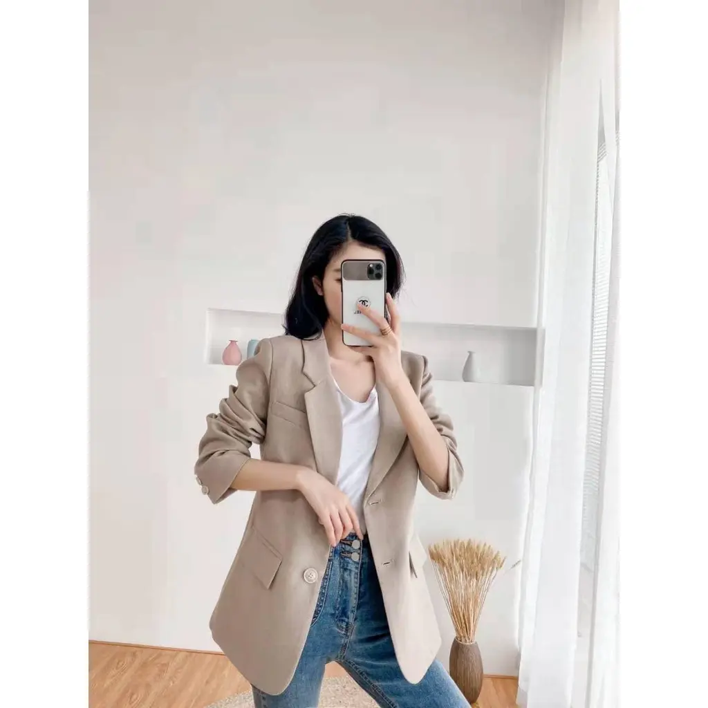 Áo khoác nữ, Áo vest blazer màu be 2 lớp hàn quốc,dài tay from rộng ulzzang, SUKA SHOP
