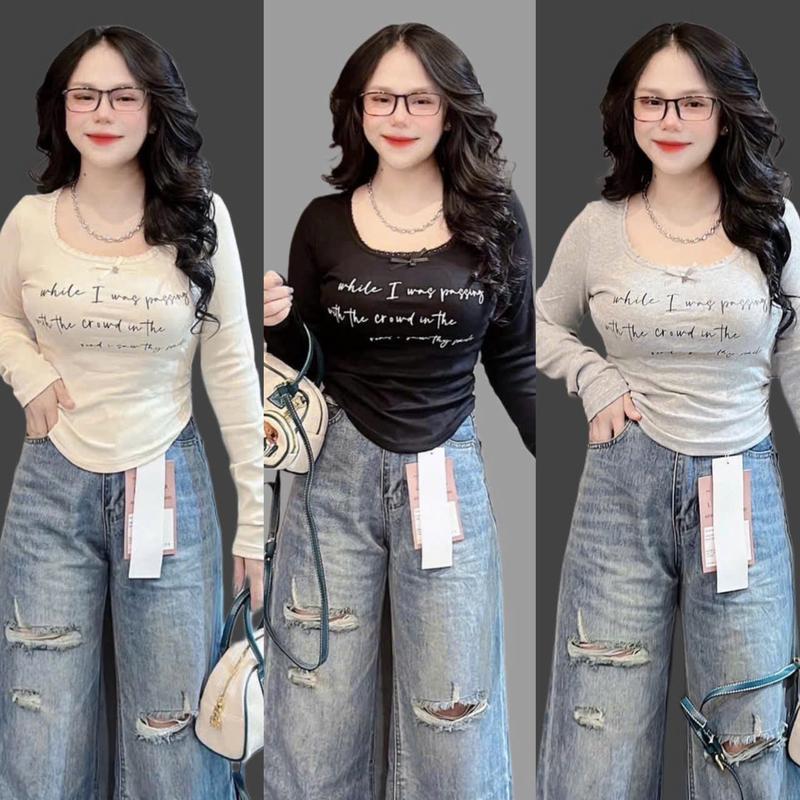 Áo Thun Cổ U Viền Ren Vải Thun Gân Tăm  Có Bigsize 45- 90 Kg Dễ Thương Nữ Women Top Đen Cổ Tròn Sơ Mi - B.1466