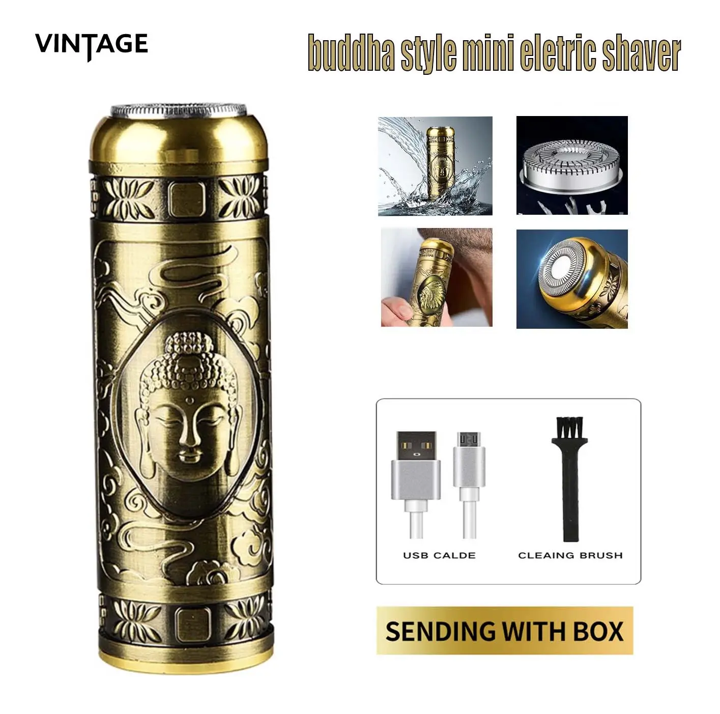 VINTAGE Electric Razor for Men Mini Portable Beard Trimmer USB Rechargeable Electric Shaver Cordless Beard Trimmer(buddha）