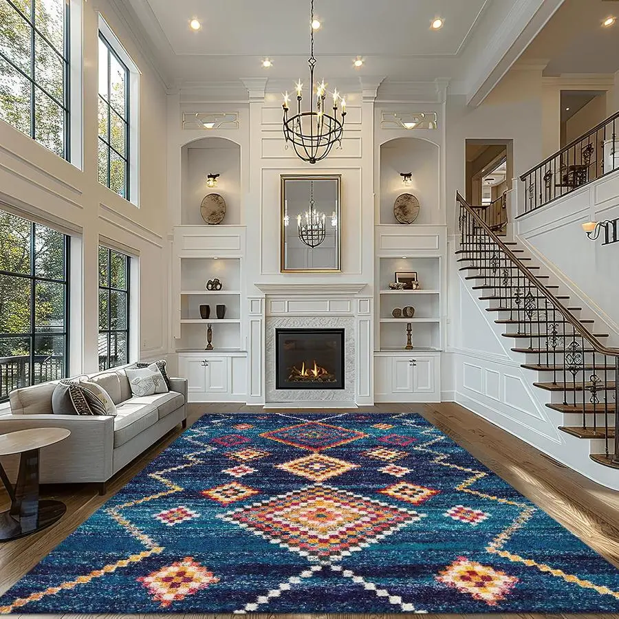 Boho Style Geometric Pattern Rug, Non-slip Washable Floor Mat, Decorative Carpet for Home Living Room Bedroom, Home Decor
