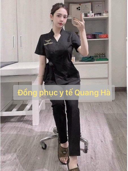 Đồng phục spa thắt nơ cổ tàu dáng trẻ trung, Đồng phục thẩm mỹ viện chất cotton lạnh cao cấp đủ size