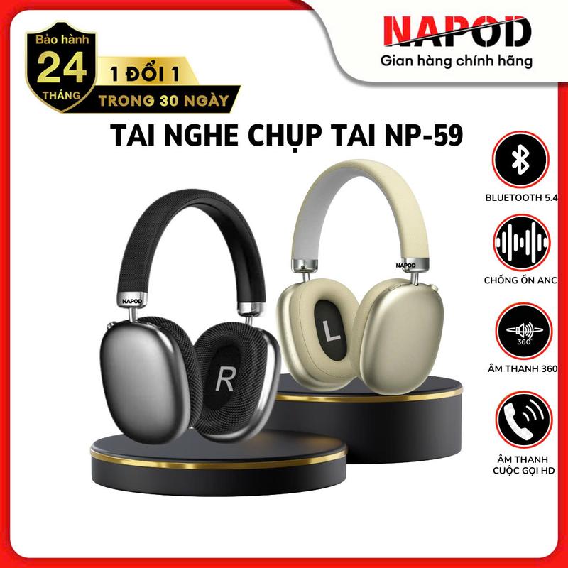 [ DCK - NAPOD] Tai Nghe Chụp Tai Chính Hãng NAPOD NP59 Bluetooth 5.4 Chip jerry Âm Thanh 8D Chống Ồn thiết kế Thể Thao Bảo Hành 2 năm