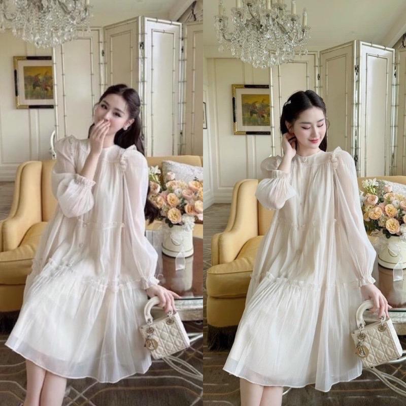 Đầm Bầu Váy Bầu Babydoll Thiết Kế Hot Hit Chất Voan Tơ Siêu Mát Phong Cách Tiểu Thư Lên Dáng Cực Xinh Đi Dự Tiệc Đi Đám Cưới Nữ Women Kem Dress váy bầu