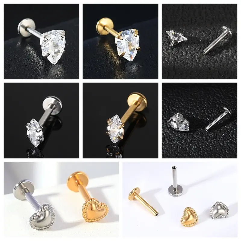1Pc Stainless Steel Lip Piercings Love Shape Labret Piercings Geometric Crystal Stud Earrings Internal Spiral Labret Piercings 7