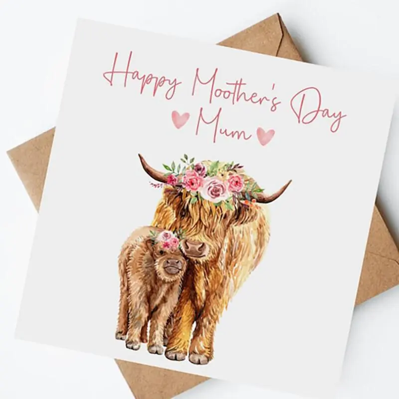 Highland Cow Pattern Mother's Day Card, 1 Count Lovely Cow Family Pattern Greeting Card with Envelope, Birthday Gift for Mom, Gift for Her