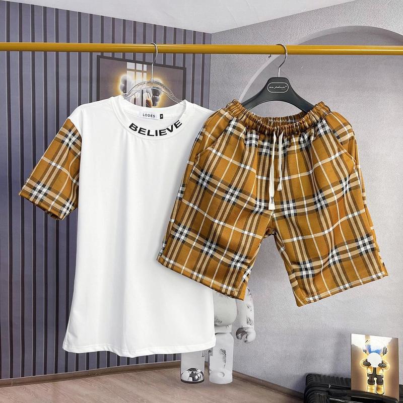  Set áo thun nam unisex cổ tròn phối màu và quần short kaki túi hộp thời trang Menswear full đồ Cotton Kem 