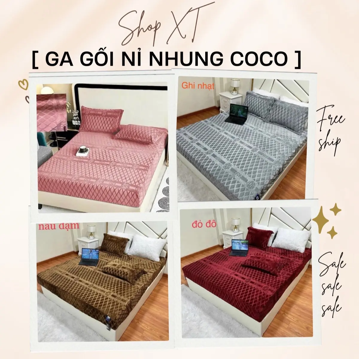 GA GỐI nỉ nhung COCO nhập khẩu ( 1 Ga bọc chun, 2 vỏ gối đầu 50x70 )