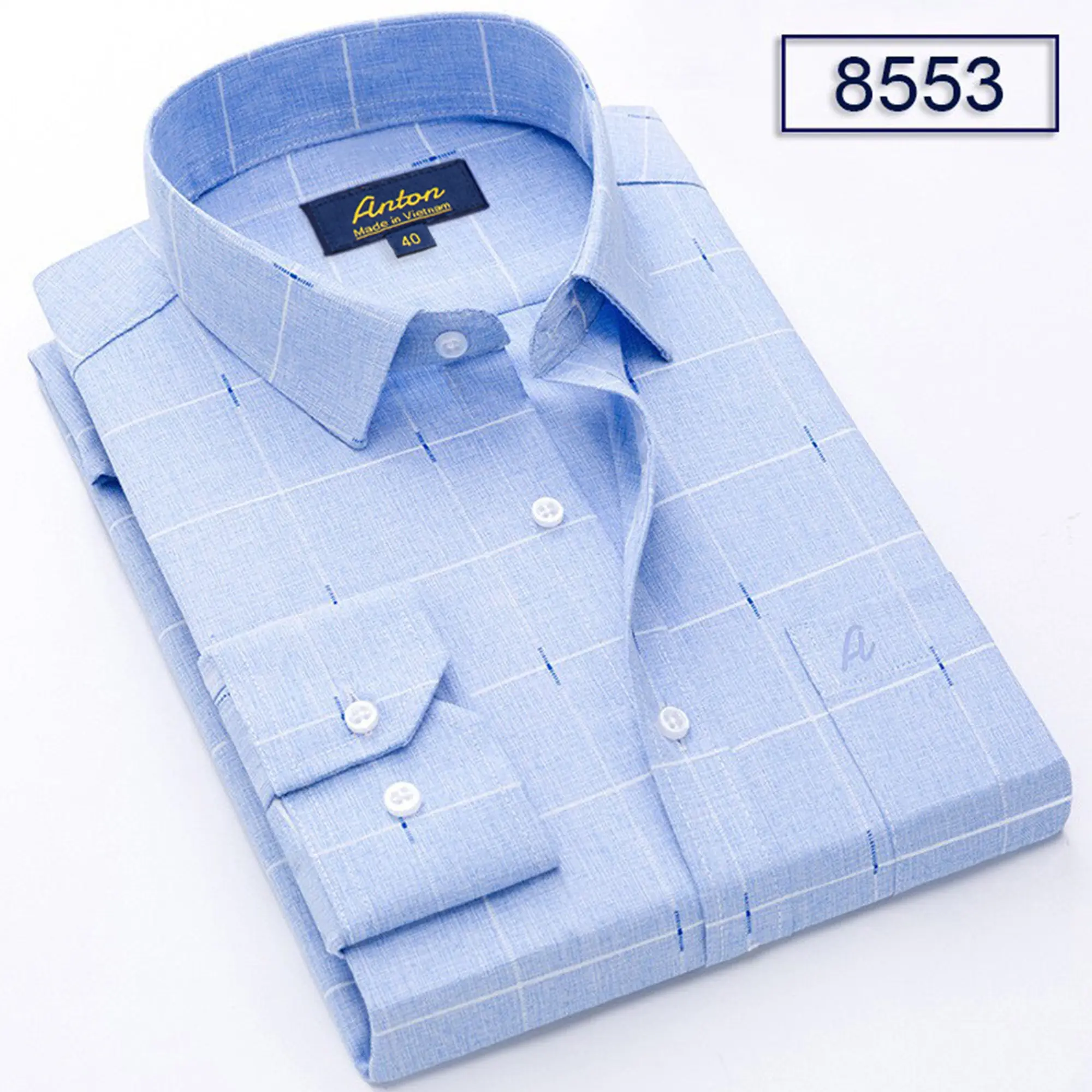 Áo Sơ Mi Nam Công Sở Trung Niên Anton Somianton Xanh Dương Kẻ Caro Dài Tay Họa Tiết In Chìm Menswear Shirt Cổ Tròn - 8553