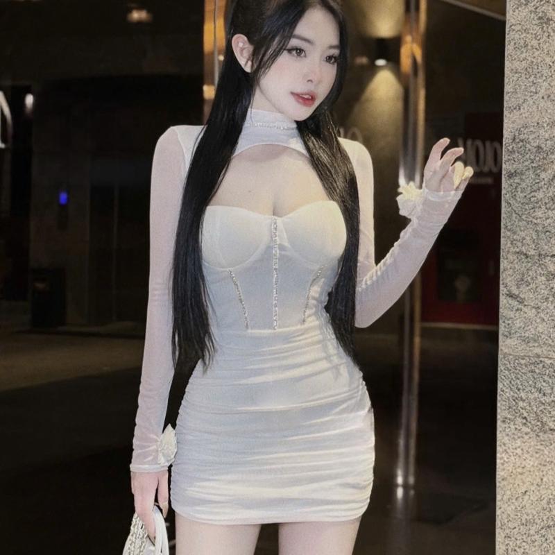 Váy ôm body khoét trước tay dài cổ đá viền đá eo nhún dáng ngắn Nữ NQ540