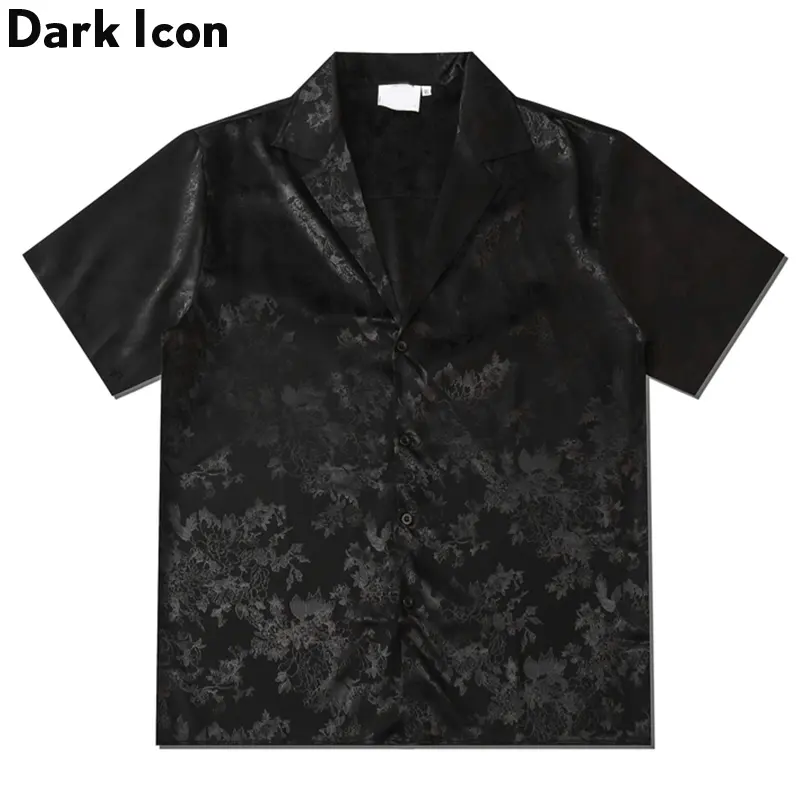 Dark Icon Pria Kaos Pendek Baju Casual Shirt Jaquard Satin Material Hawaiian Shirts Men Women Light Weight Vintage Street Shirts for Man Black Khaki Distro Katun Santai Hitam
