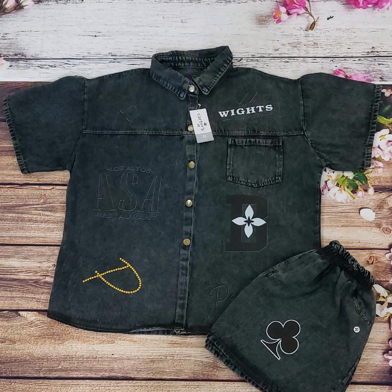 sét jeans đùi sơ mi cho nữ in chữ 3