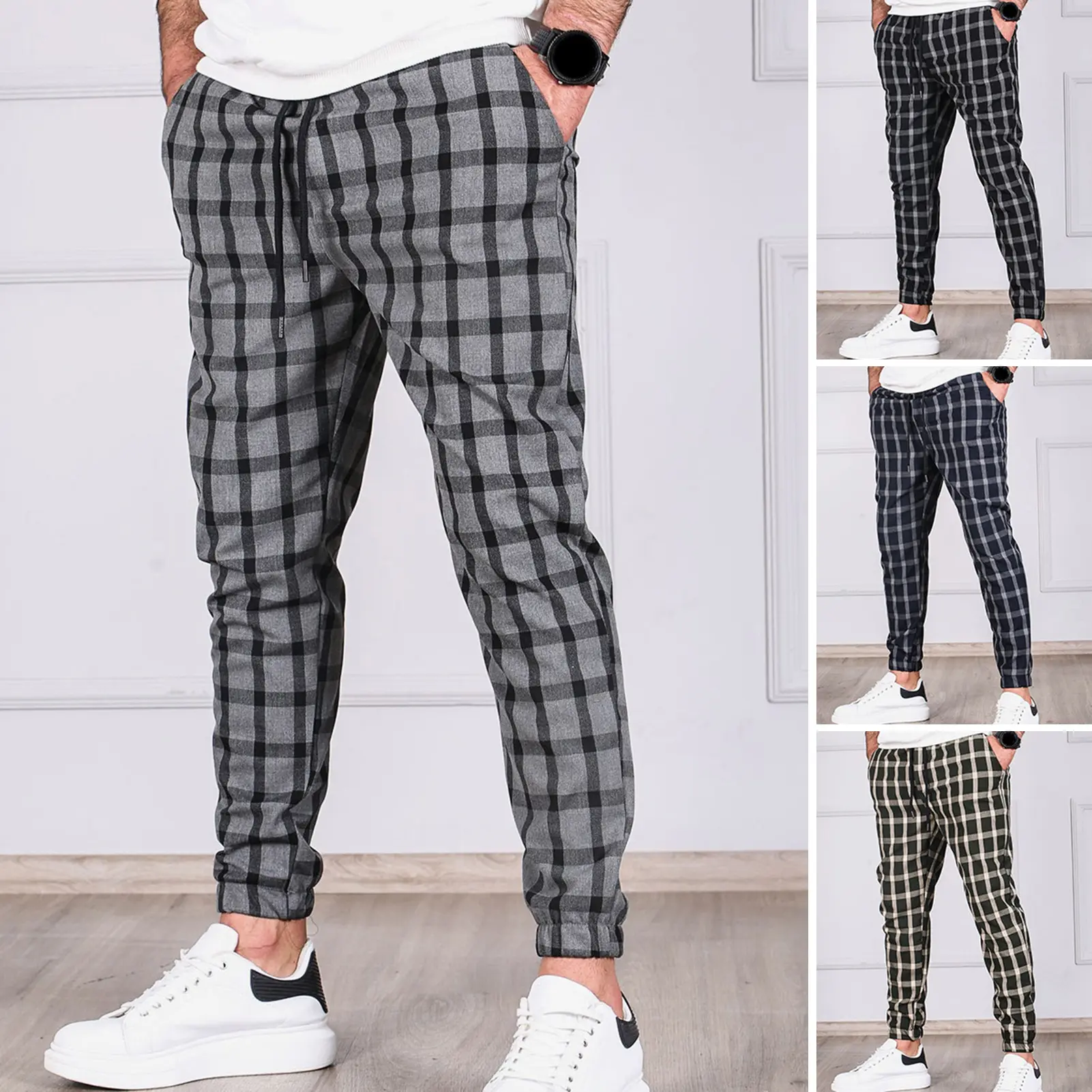 faousoe-Men Pants Color Matching Plaid Print Drawstring Elastic Waist Ankle-banded Pockets Mid Waist Soft Casual Breathable Sports Jogging Trousers Fall Spring Sweatpans