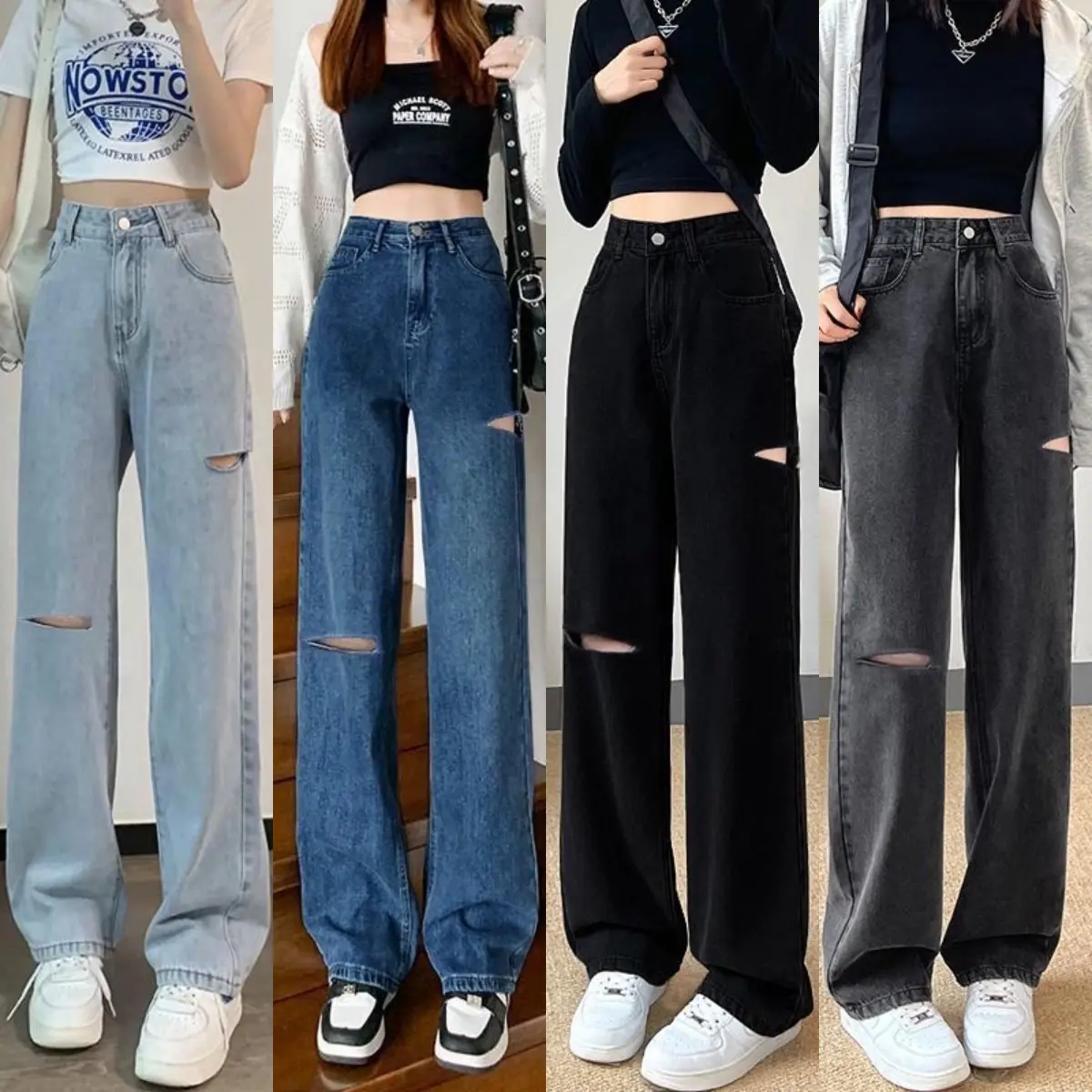 High waist wide leg jeans Korean-style jeans women's casual lifestyle long legs bugis denim