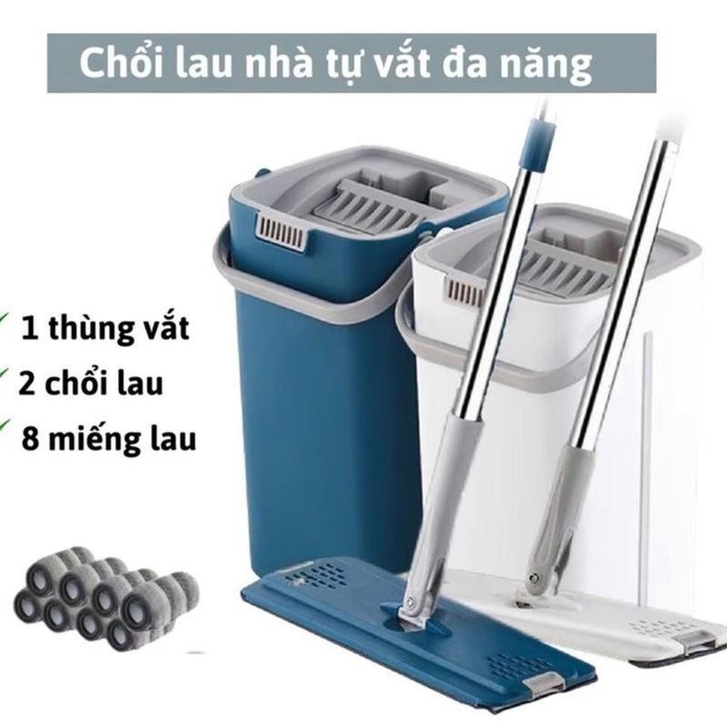 Bộ cây lau nhà (1 thùng + 2 cây lau + 8 bông lau) tự vắt thông minh đầu xoay 360 độ tiện lợi Lau Sàn Làm Sạch kitim  opc6 Inox cay lautu