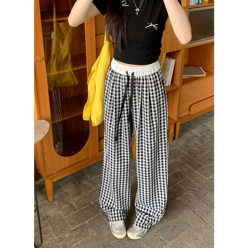 Quần kẻ caro Ống Suông  Phối Cạp Trắng Nữ Women 1
