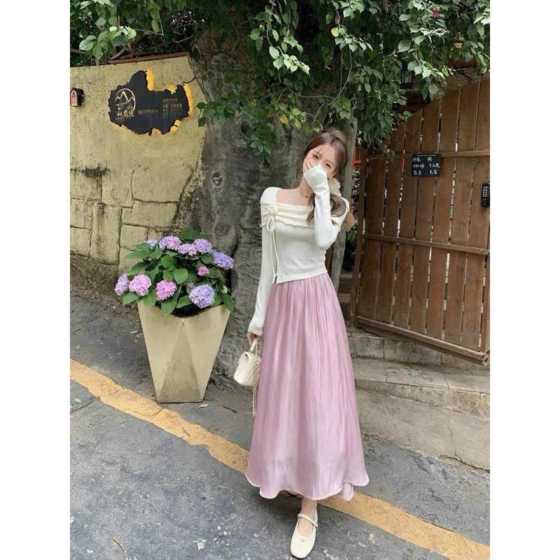 Product Introduction of Sét tăm hoa chân váy tơ dài 2 màu: trắng, xanh Freesize Chất liệu: áo tăm, chân váy tơ óng ️️️️️ 3