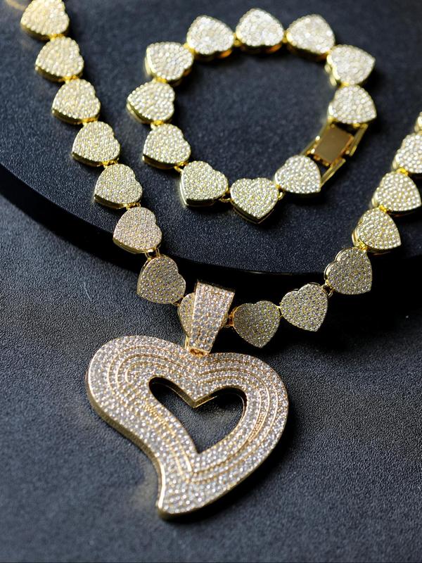 Luxury Rhinestone Decorated Heart Design Necklace & Bracelet (2pcs/set), Gorgeous Fashion Jewelry Set for Women & Girls, Elegant All-match Fashion Accessories for Daily Wear, Mother's Day Gift 2