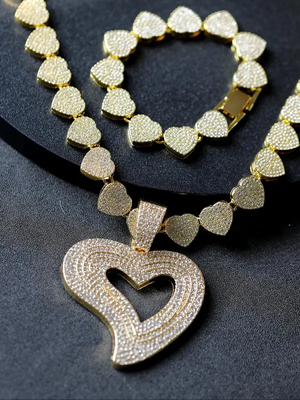 Luxury Rhinestone Decorated Heart Design Necklace & Bracelet (2pcs/set), Gorgeous Fashion Jewelry Set for Women & Girls, Elegant All-match Fashion Accessories for Daily Wear, Mother's Day Gift 2