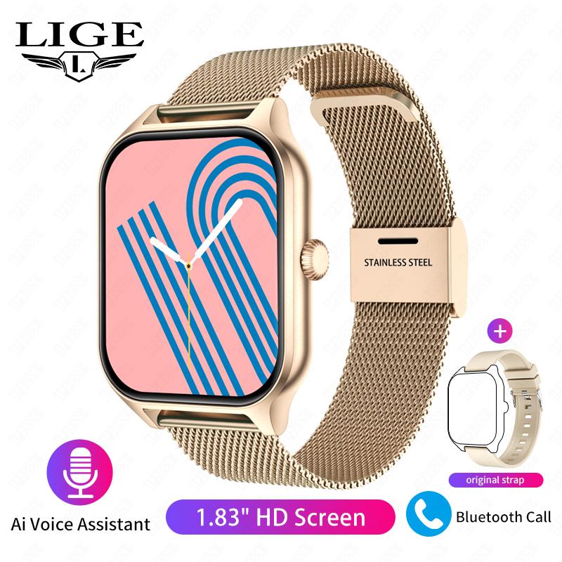 LIGE terbaru original smart watch panggilan bluetooth peringatan pesan  minotoring kesehatan anti Mesh-aprikot