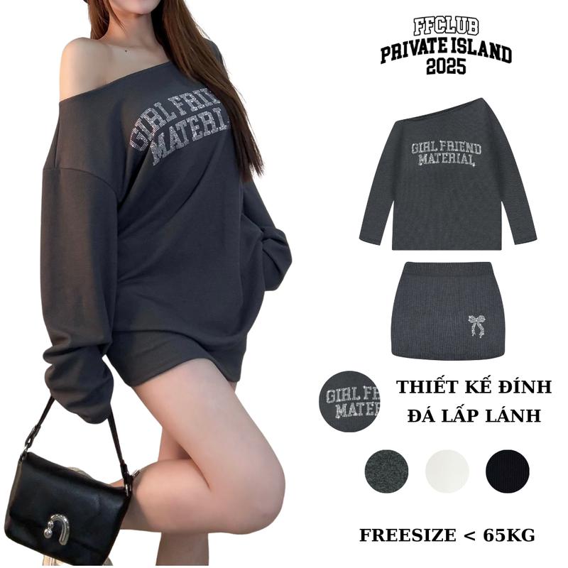   CÓ TÁCH SET  ÁO LEN LỆCH VAI ĐÍNH ĐÁ GIRL FRIEND & CHÂN VÁY LEN ĐÍNH ĐÁ NƠ FFCLUB - FRIENDS FOREVER CHÍNH HÃNG 