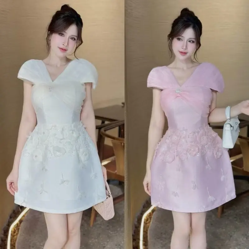 Váy đính kết lệch vai dáng ngắn ba màu hồng,đen,kem 0