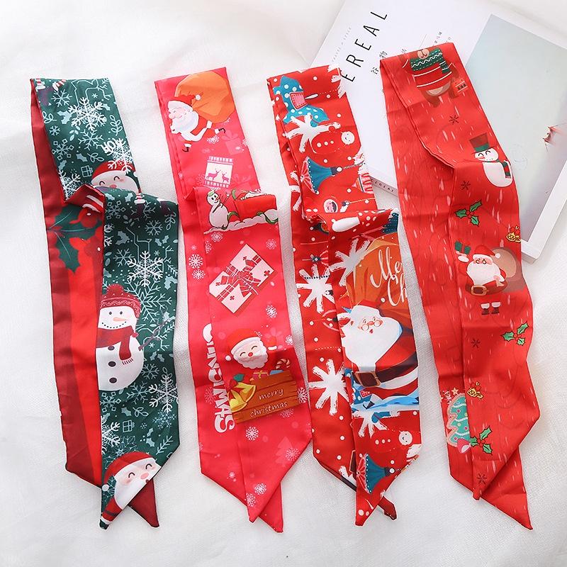 Product Introduction of JASMIN NOIR Silk Red Christmas New Year Print Strip Scarf Women's Hairband Tie Bag Accessories Ribbon Decoration for Bag Christmas  Gift 11