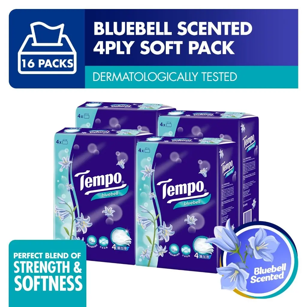 [Carton Deal] Tempo Soft Pack Facial Tissues Bluebell (90s/pack) (4packs/set)
