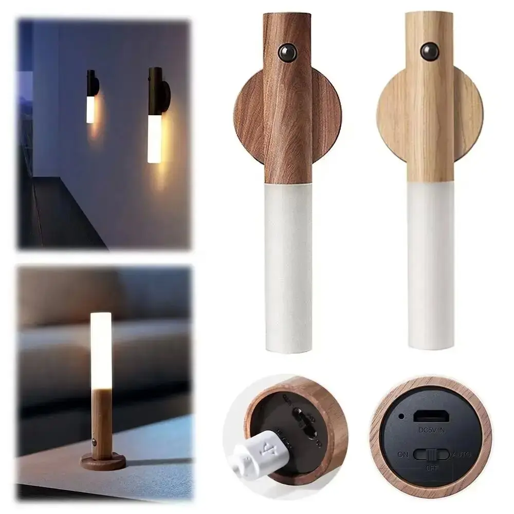 Smart Induction Light Smart Motion Sensor Wood Grain Night Light Portable USB Rechargeable Wireless Warm Cabinet Light Wardrobe Lamp for Room Corridor Wall Bedroom Home Wall Intelligent Motion Sensor Intelligent Sensor Light Creative LED Night Light