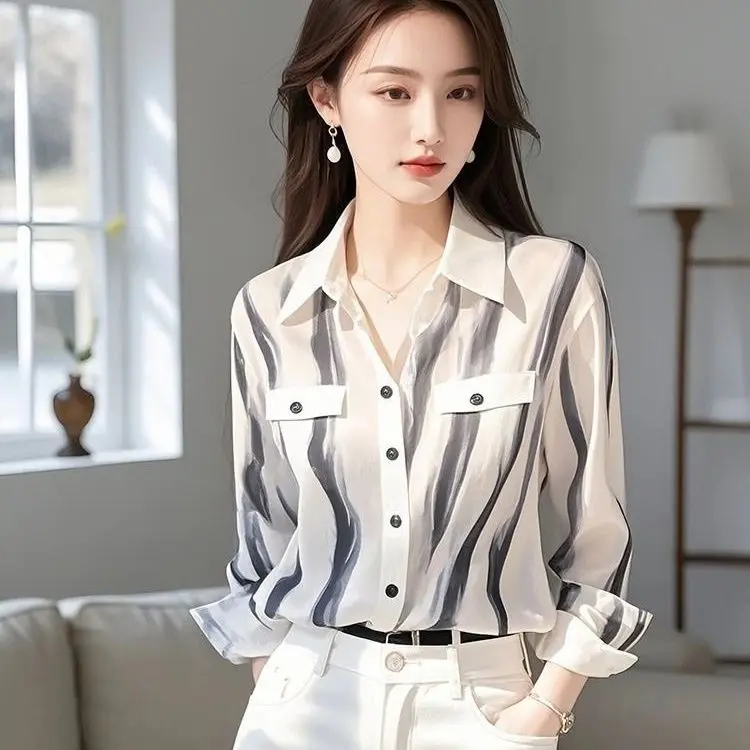 Áo Sơ Mi Sọc Trắng, Dành Cho Phụ Nữ, Hàng Mới Về, Phong Cách Sang Trọng Nhẹ Nhàng Pháp, Thường Ngày, Thiết Kế Đẹp