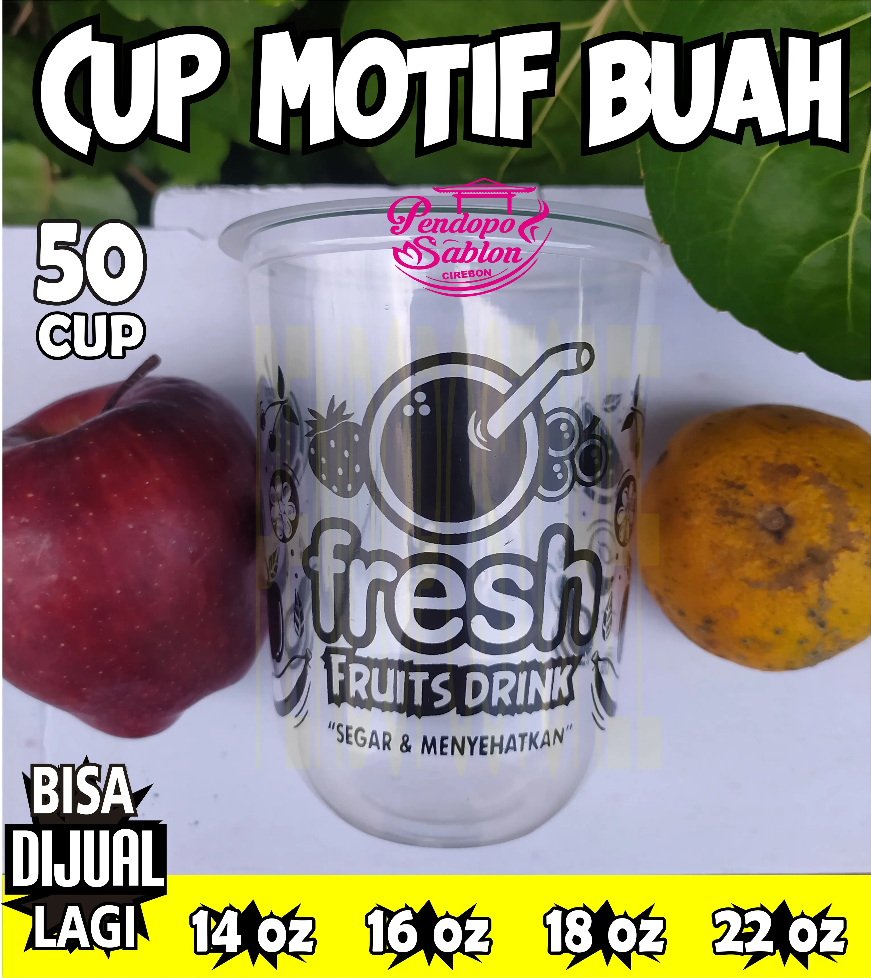 gelas cup plastik MOTIF BUAH 14oz 16oz 18oz 22oz oval datar/ cup boba / sedotan boba bubble / tapioka pearl / bobatee / bubuk minuman / cup oval / cup motif / sablon cup / cup motif buah