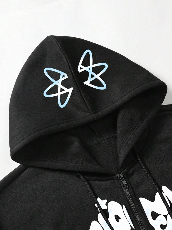 Unisex Letter Print Drawstring Zip Up Hoodie, Casual Long Sleeve Pocket Hooded Sweatshirt for Spring, Fashion Comfy Unisex Clothes for Daily Wear 3