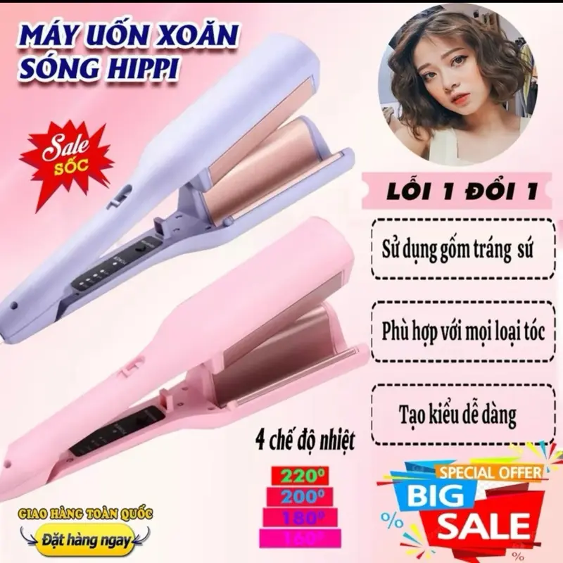 Máy Uốn Tóc Xoăn Sóng Nước Hippie 32mm - Chất Liệu Gốm Sứ Ceramic Cao Cấp, Máy Làm Xoăn Sóng Nước Chỉnh Nhiệt Tiện Dụng