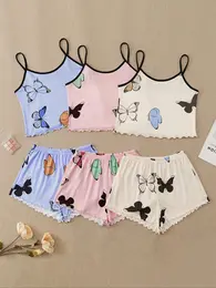 Women's 3set Butterfly Print Cami Top & Lettuce Trim Shorts Pyjama Set, Casual Comfy Spaghetti Strap Camisole & Elastic Waist Shorts PJ Set for Summer, Comfy Loungewear Set for Women