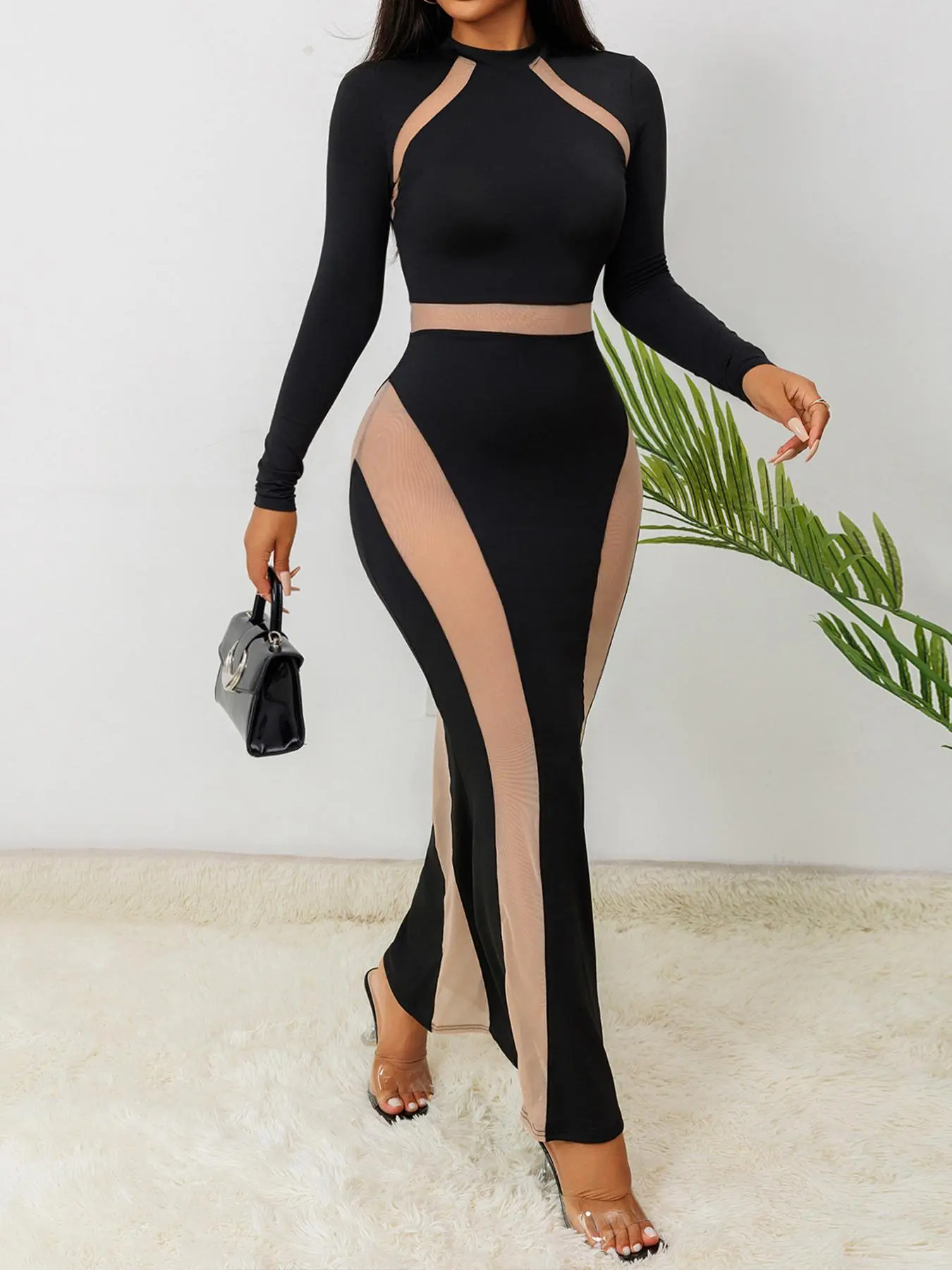 Women's Mesh Design Bodycon Dress, Elegant Long Sleeve Dress for Party Club Dating Wear, Women's Clothing for Spring & Fall