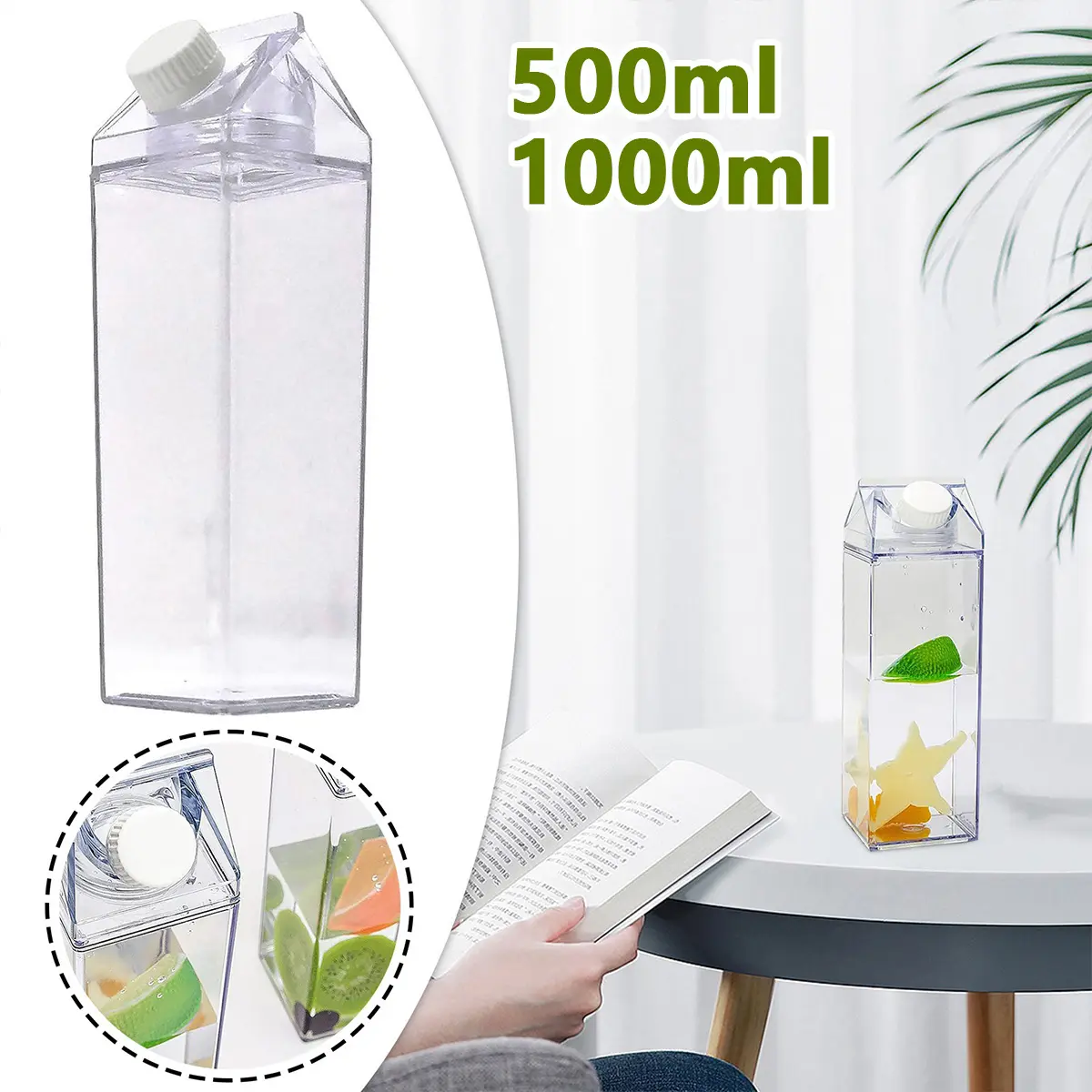 500Ml/1000Ml Clear Milk Carton Water Bottle Leak-proof Milk Box Water Bottle with 2 Spouts Portable Reusable Milk Bottles Water Juice Tea Container for Travel Sports Camping Use Y4465