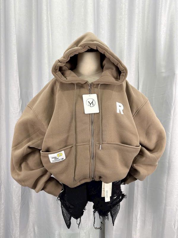 Áo Khoác Hoodie Dây Kéo Thêu LOGO R Vải Nỉ PE Phối Túi Nón lớn From Croptop Rộng Phong Cách Hàn Quốc Hot Trend áo  khoác  nỉ  dày  dặn 1