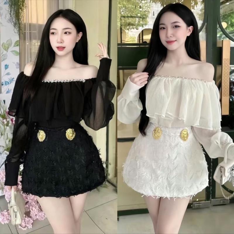 Set Bẹt Vai Voan Tơ Viền Cườm Chân Váy Dạ Lưng Thun Kèm Tag Vàng Sang Chảnh Kèm Ảnh Thật tag tròn ong,... Áo Nữ Top Women váy tiệc đầm trắng Tết Dress Kem