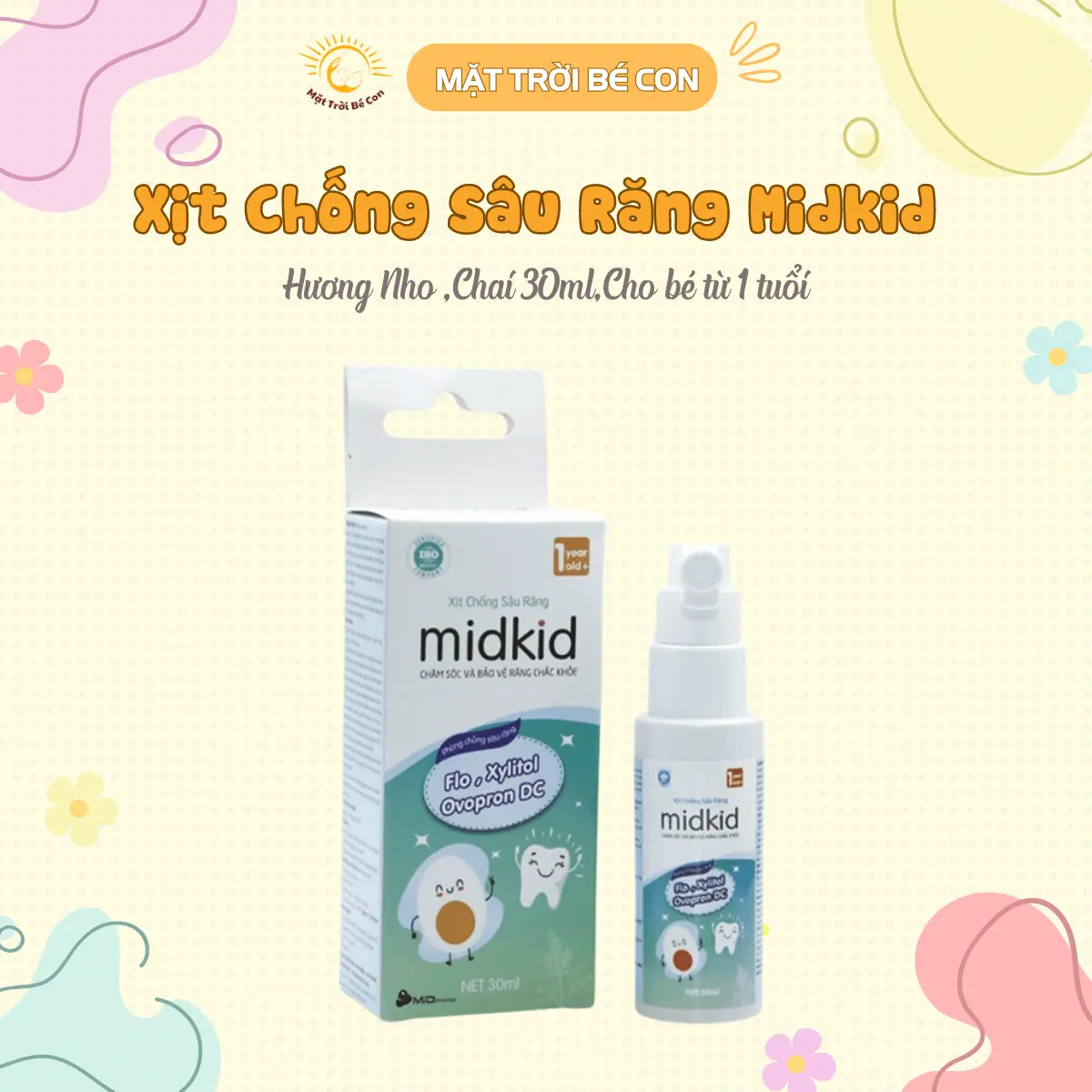 Xịt Chống Sâu Răng Midkid Hương Nho chai 30ml Và Hương Táo Chai 20ml Cho Bé 1 Tuổi Trở Lên