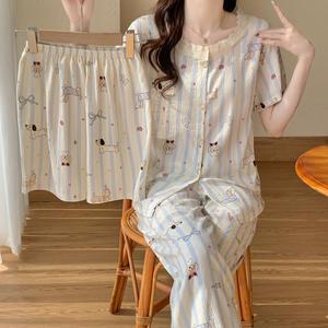 Set Baju Tidur Musim Bunga untuk Wanita, PJs Dipotong Renda Kapas Awan Bernafas, Kardigan Lengan Pendek Boleh Laras dan Seluar Pendek / Seluar Boleh Tukar, Sesuai untuk Semua Musim, Santai Rumah, Set 3 Keping, Pakaian Ruang Tidur Selaras