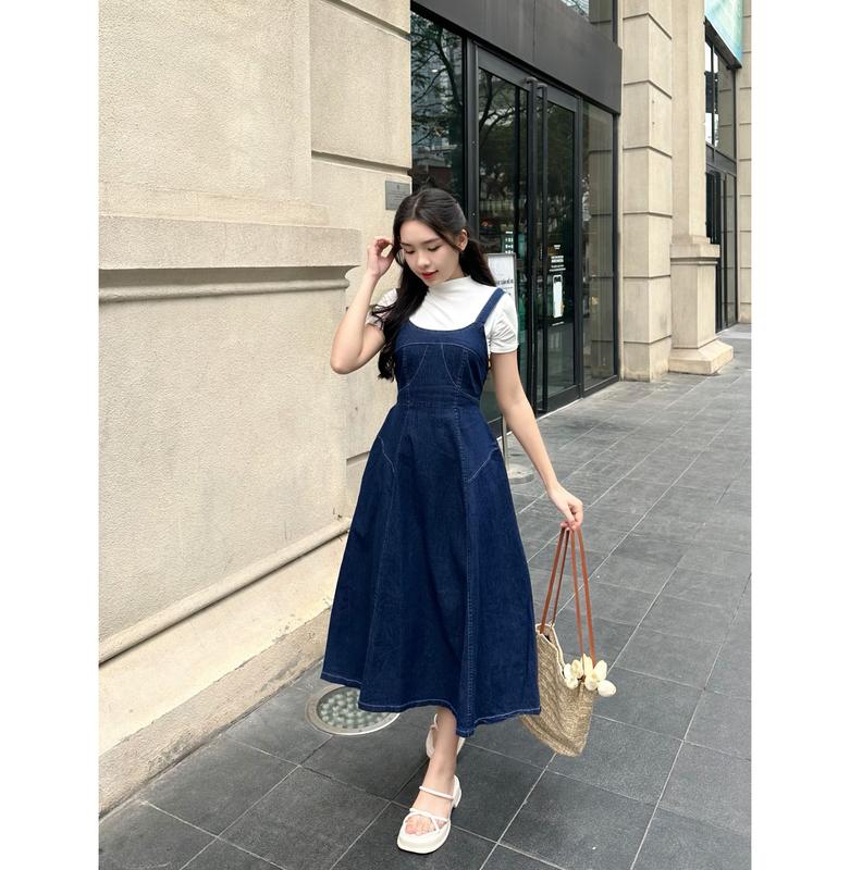 Váy jeans 2 dây 29feb.closet yếm bò thiết kế lưng chun dáng xòe dài phong cách Hàn Quốc dễ phối đồ năng động - V31 Nữ Women 2