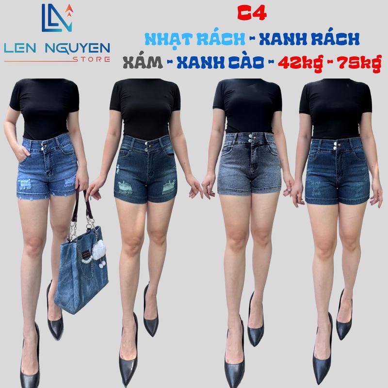 C4 [ Len Nguyen Store ] Quần Jean (Bò) Nữ Đùi (Shot), Lưng Cao 2 Nút, Dài 30-35cm, Màu Xám, Xanh, Size 42kg-75kg, Thiết Kế Nút Sườn , Co Giãn, Mền Mịn, Bigsize, Hotgirl, Skinny, Ống Ôm, Trẻ Trung, Tự Tin, Dễ Phối Đồ. Women Denim Pants