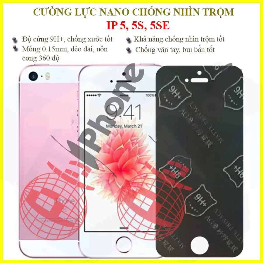 Dán chống nhìn trộm cho iPhone 5, 5s, 5 SE (5SE) - Dán cường lực dẻo nano 9H+
