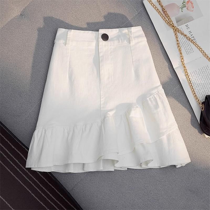 Chân Váy Chữ A, Ngoại Cỡ, Dành Cho Nữ, Chân Váy Denim Trắng, Xếp Ly Bất Đối Xứng Chân Váy Ngắn Cạp Cao Hàng Mới Về Mùa Xuân Hè, Chống Lộ 1