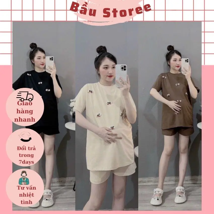 BỘ BẦU COTTON V320 ĐÍNH NƠ CHERRY XINH XẮN ĐIỆU ĐÀ QUẦN CÓ ĐÁP BỤNG TÙY CHỈNH CHO MẸ BẦU