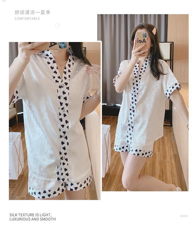 Product Introduction of Women's Pajamas 2022 New Summer Thin Ice Silk Cardigan Camellia Set Short Sleeve Cartoon Princess Style Loungewear 29