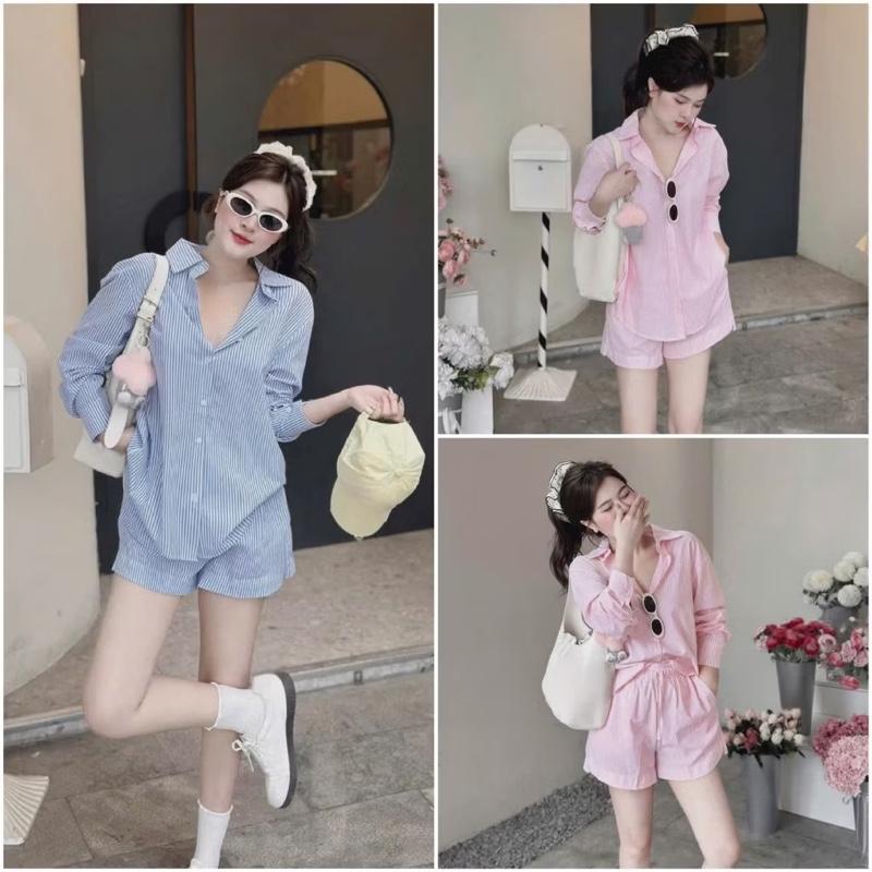  Sét sơ mi sọc nữ áo kèm quần   có bán lẻ  kiểu dáng mùa hè thoải mái thoáng mát Đậu bigsize 