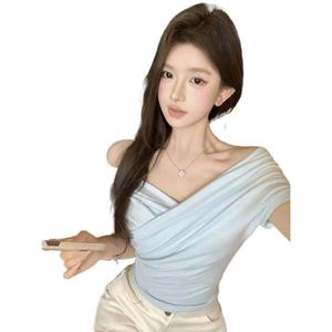 Light Mature Style Cross Off-Shoulder Ruched Top Summer New Design Sense Elegant Two-Way Slim Fit Slimming T-Shirt for Women